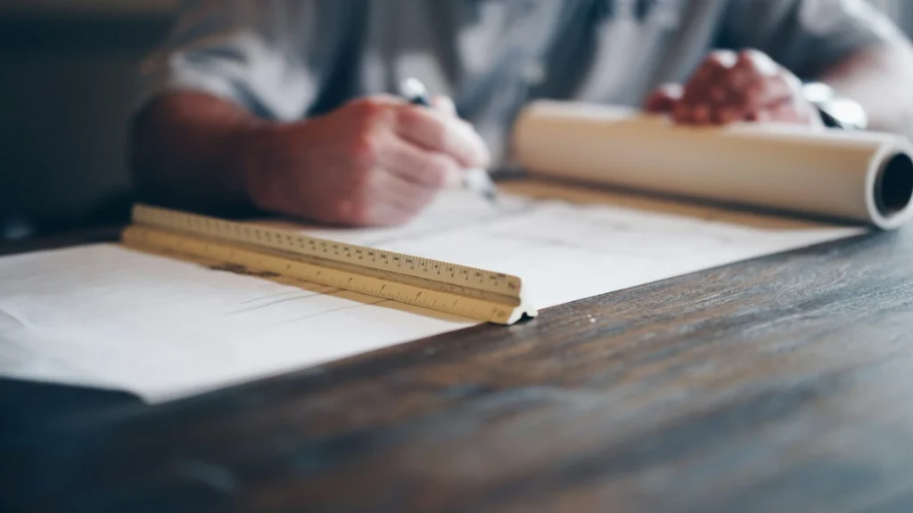 Hands reviewing a technical drawing with a ruler and drafting pen