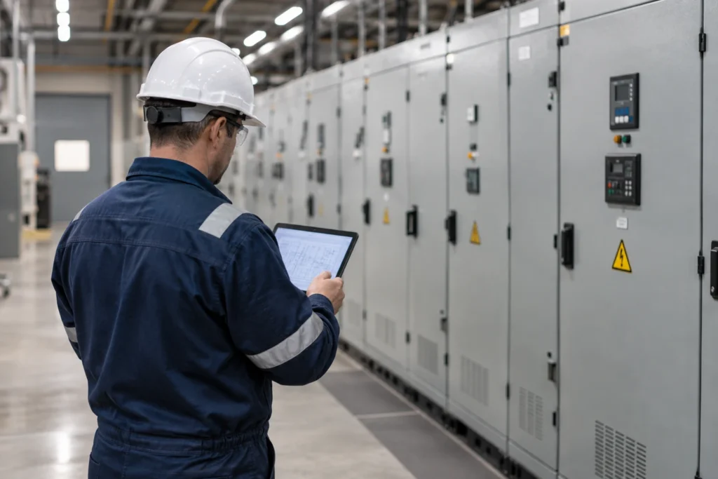 Photorealistic illustration of an engineer reviewing equipment data beside closed industrial switchgear