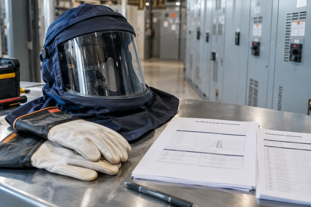 Photorealistic illustration of an arc-flash protective hood, gloves, and assessment documents