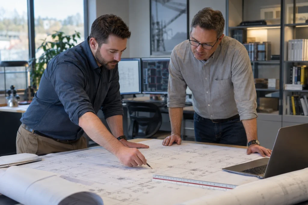 Photorealistic illustration of two engineers reviewing electrical plans at a drafting table
