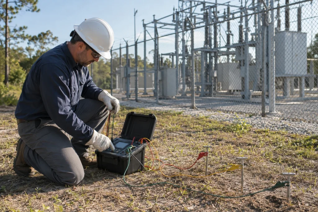 Photorealistic illustration of a technician performing an earth-resistance test outside a substation