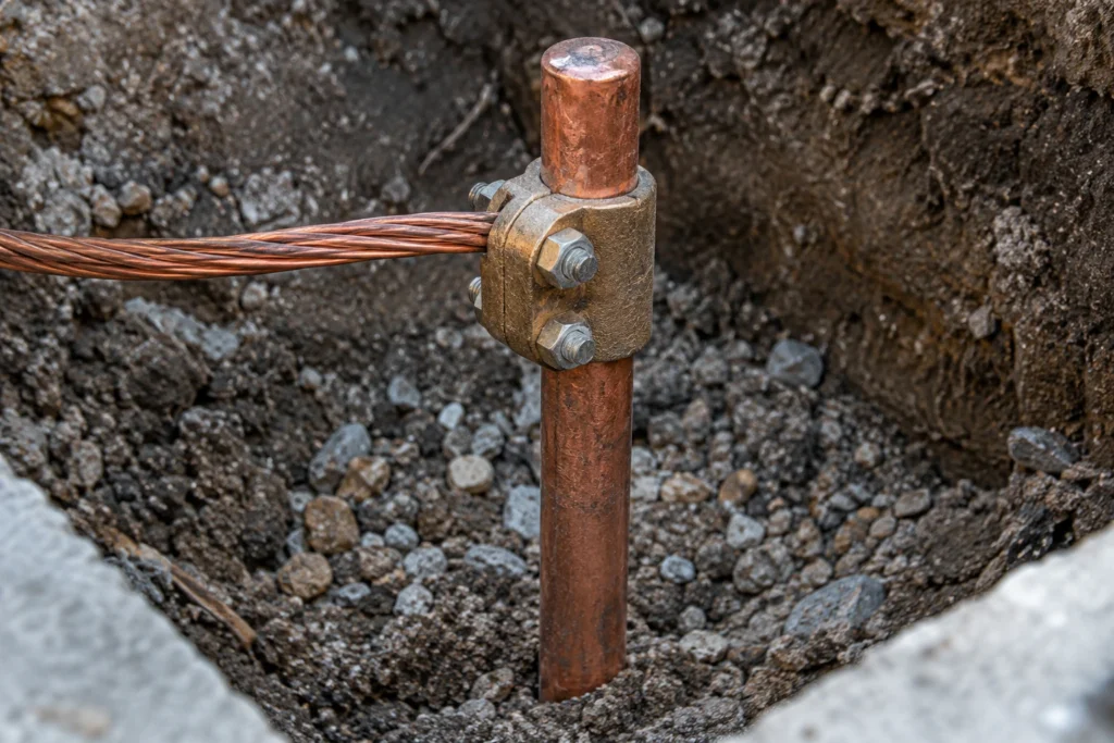 Photorealistic illustration of a copper grounding conductor clamped to a ground rod