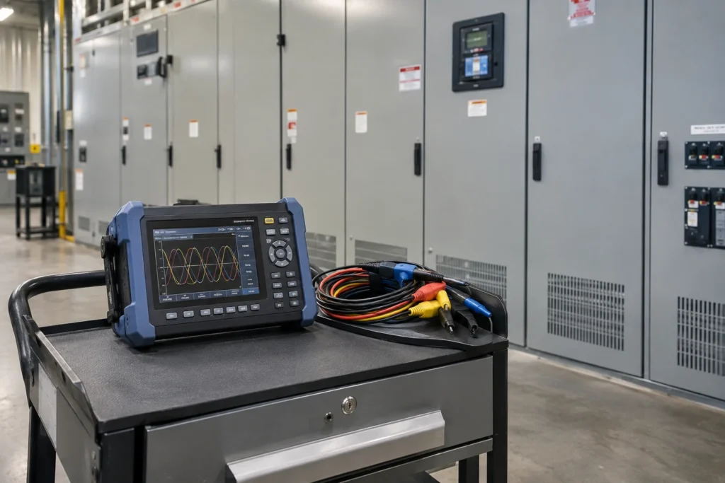 Photorealistic illustration of a power quality analyzer showing waveforms beside electrical cabinets