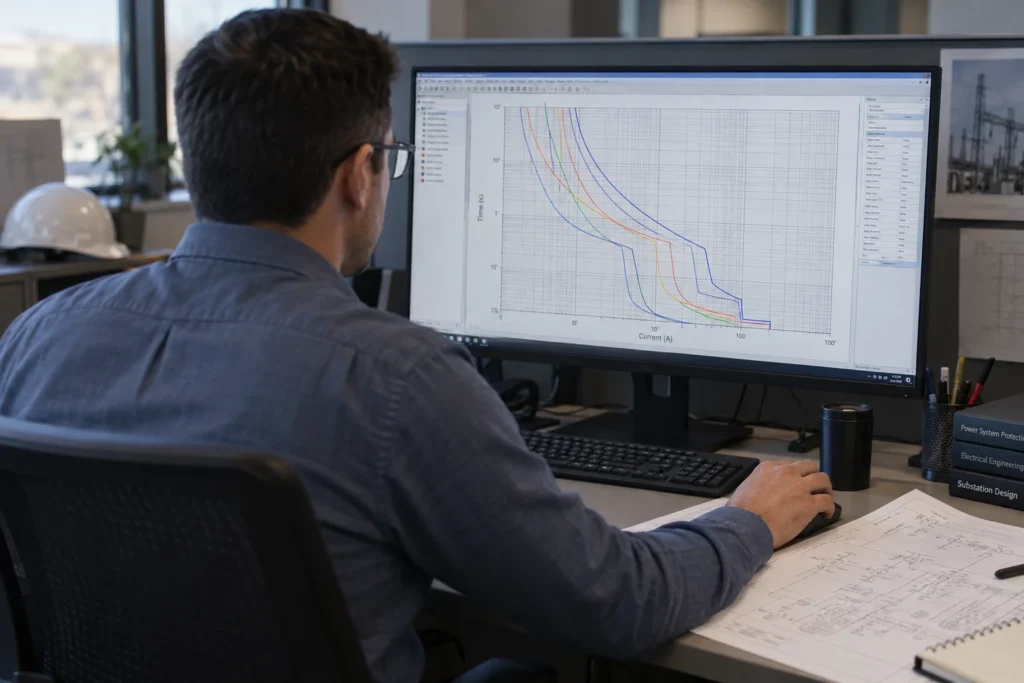 Photorealistic illustration of an engineer reviewing time-current coordination curves at a workstation