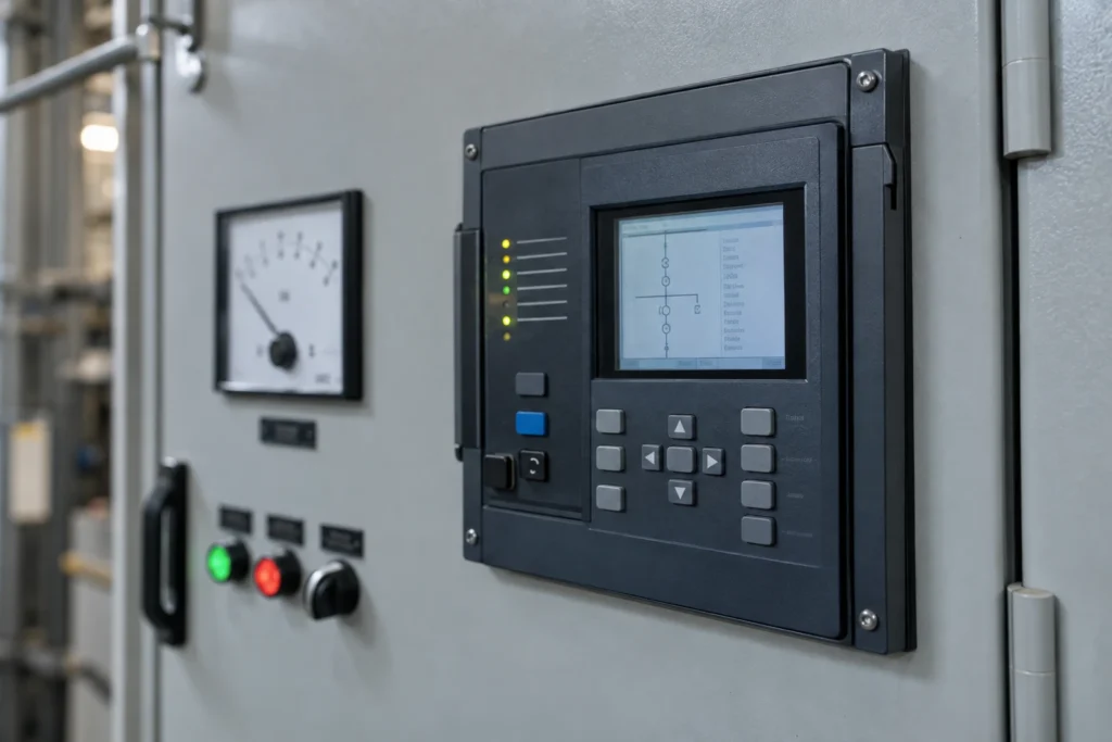 Photorealistic illustration of a digital protective relay mounted in a closed control-panel door
