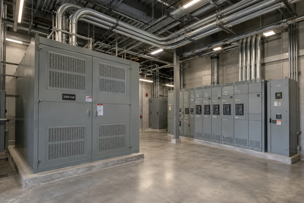 Photorealistic illustration of transformer and switchgear equipment in an industrial electrical room