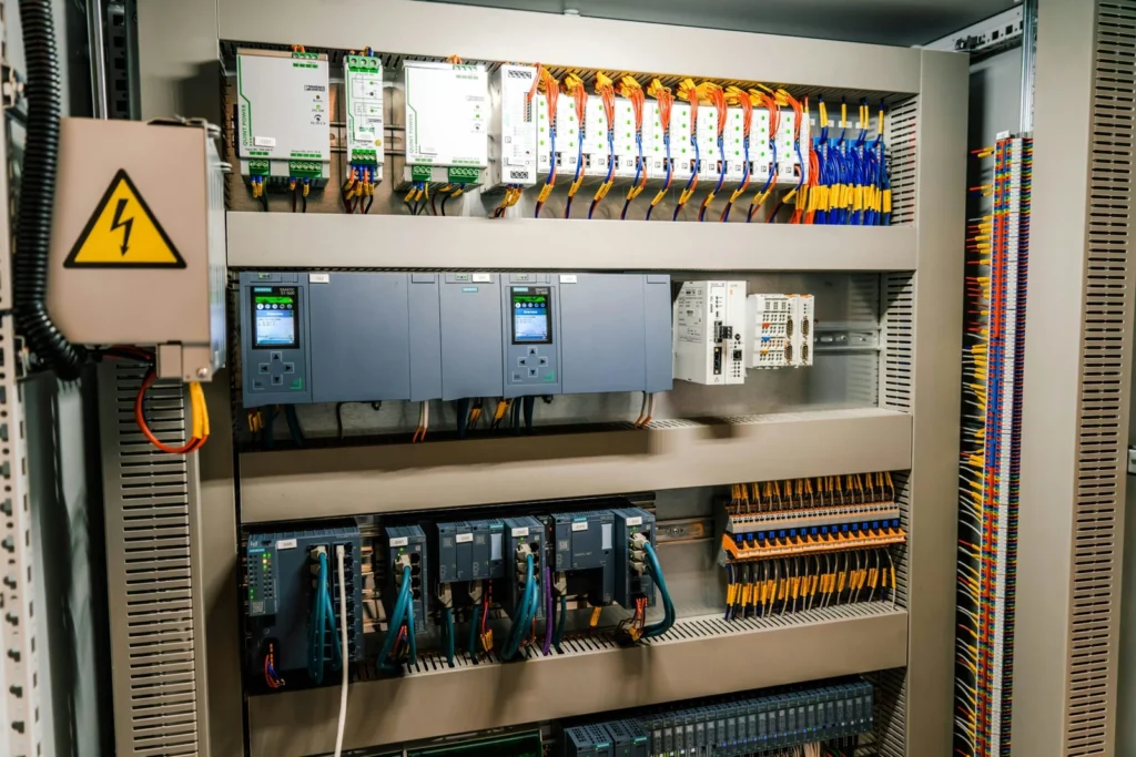 Industrial control cabinet with neatly routed wiring and electrical components